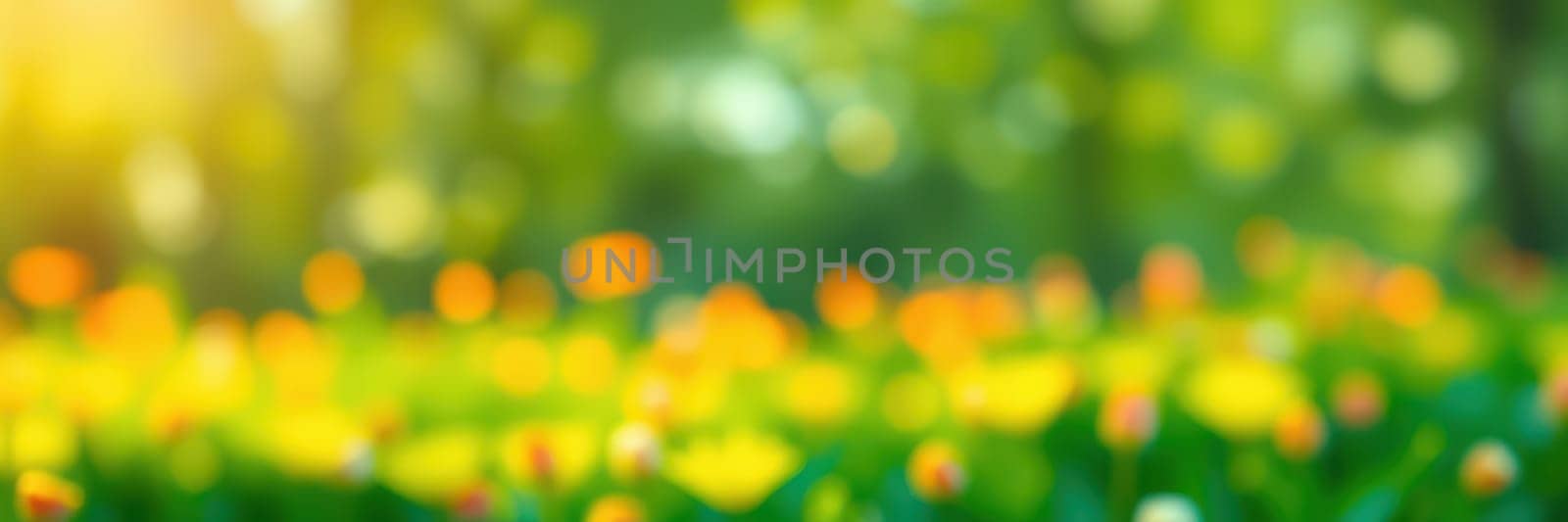 Bright sunlight filters through leaves, illuminating a garden filled with blooming flowers. Yellow and orange petals create a cheerful atmosphere, embodying the essence of spring.