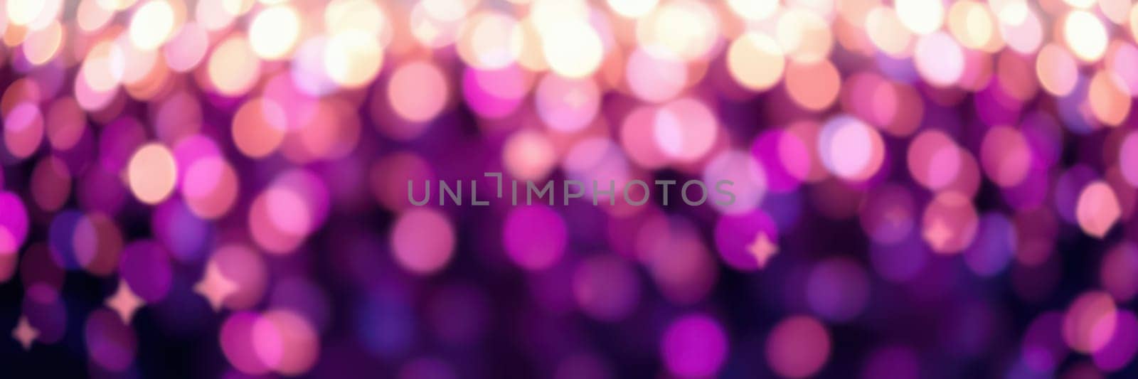 Soft and vibrant bokeh lights in shades of purple and pink fill the background, illuminating a joyful gathering at a community event during the evening hours.