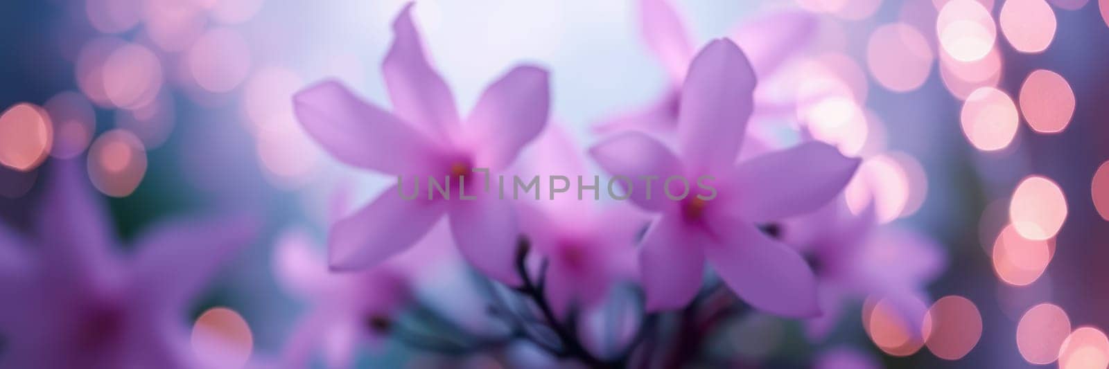 Delicate pink flowers with soft petals are highlighted in a tranquil garden, surrounded by glowing, blurred lights creating a dreamy atmosphere at night.