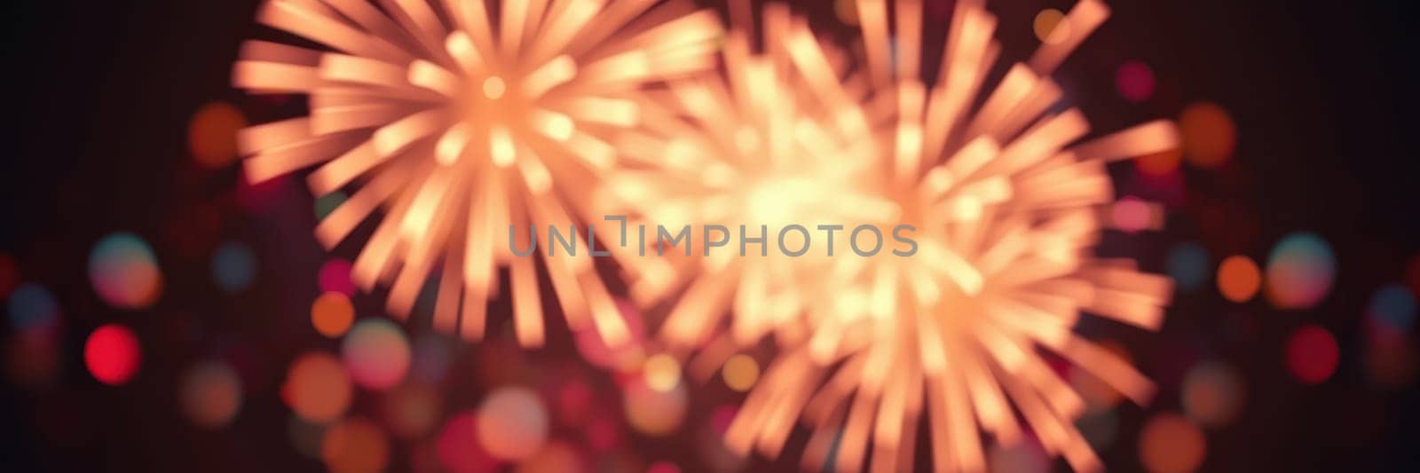 Colorful fireworks burst into the night sky, creating a stunning spectacle over a lively city during a festive event. People gather below, captivated by the display.