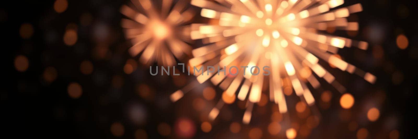 Fireworks burst in brilliant colors against the dark sky, creating a festive atmosphere in a lively urban area during a nighttime celebration with joyful spectators.