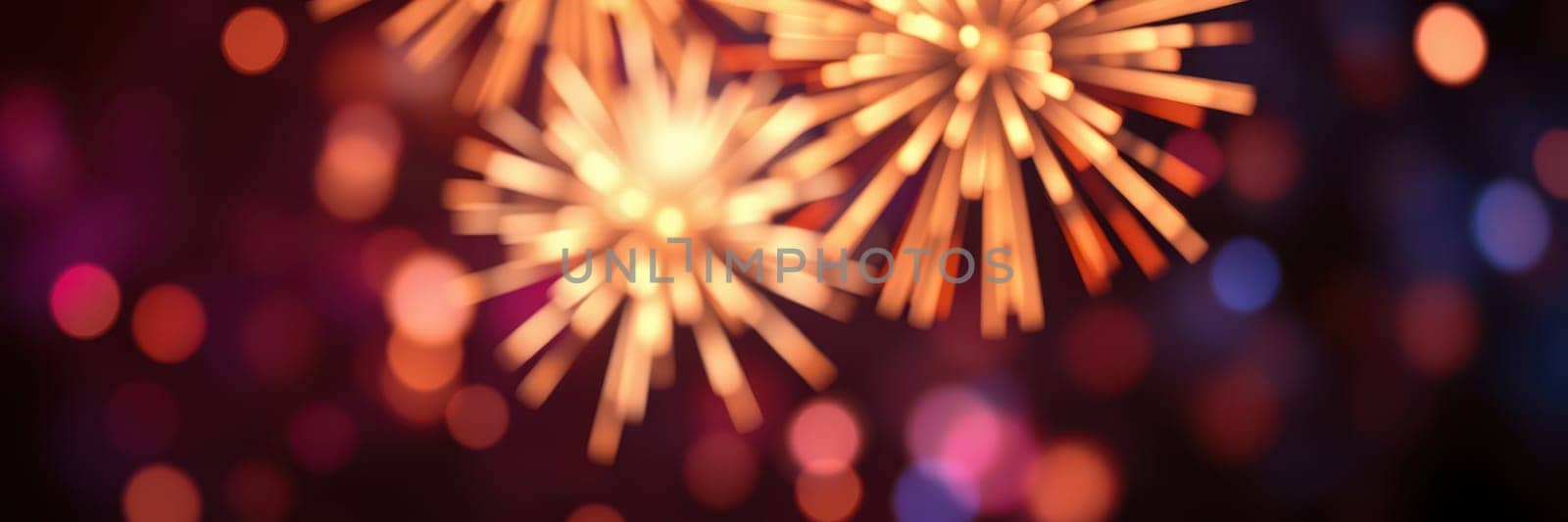 Fireworks burst into brilliant colors against a dark sky, creating a stunning display during a nighttime celebration in an urban area filled with excitement.
