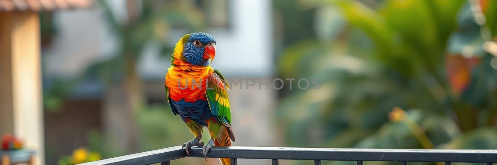 A lively parrot with bright blue and orange feathers stands on a railing. Surrounding it are lush green plants and sunlight enhances the vibrant colors in this garden setting.