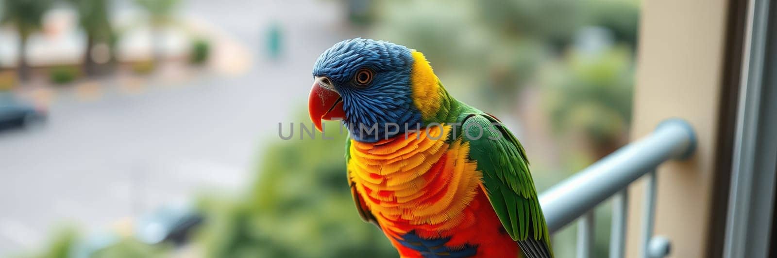 A vibrant lorikeet stands on a balcony railing, displaying bright feathers of blue, green, yellow, and red. The lush greenery and a distant parking lot enhance the serene atmosphere.