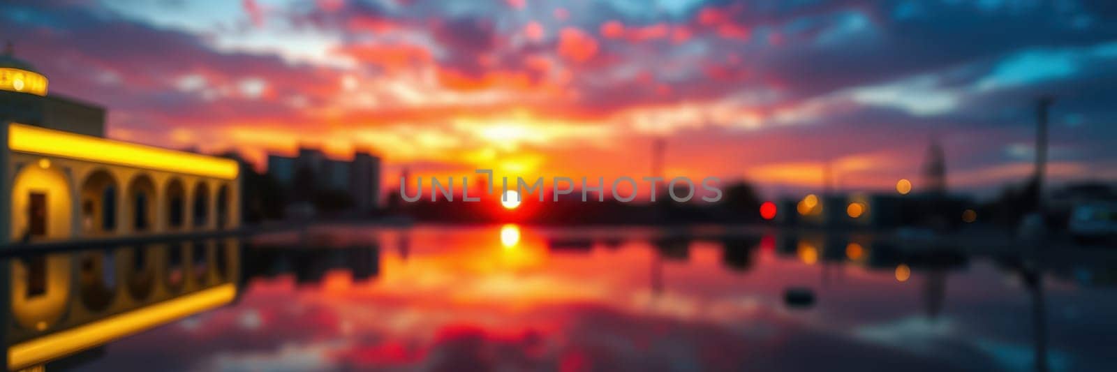 A stunning sunset casts warm hues of orange and purple across the sky, reflecting beautifully on still water. The outline of a building and distant cityscape create an enchanting atmosphere.