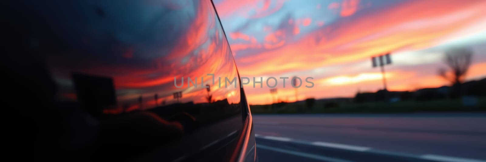 A stunning sunset casts vivid colors across the sky, reflecting beautifully on the sleek surface of a parked car. The scene captures a serene moment in the late evening.