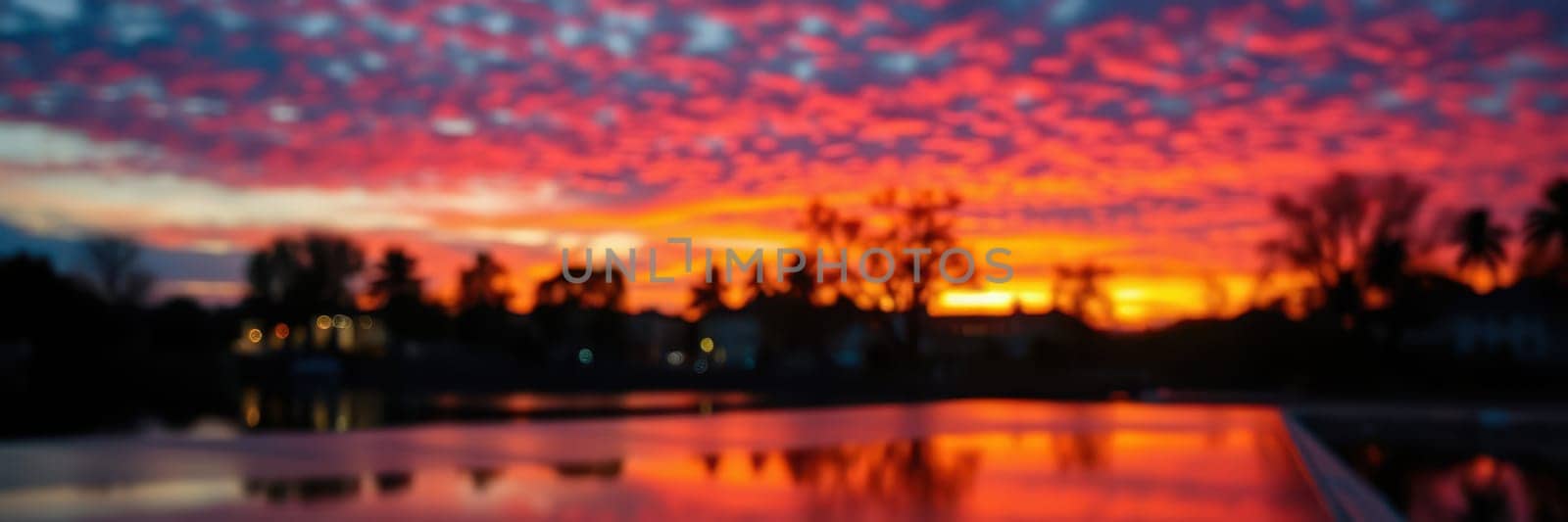 A vibrant sunset paints the sky with hues of orange, pink, and purple above a peaceful lake. Silhouettes of trees and nearby buildings reflect on the smooth water surface.