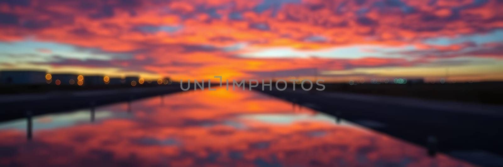 A breathtaking sunset blankets the sky in vibrant colors, mirrored perfectly on a wet runway. This magical moment captures the beauty of nature at dusk near an airport.