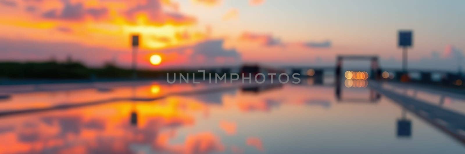 A vibrant sunset casts striking colors over calm water, creating a stunning reflection. The peaceful atmosphere is enhanced by distant silhouettes and soft clouds.