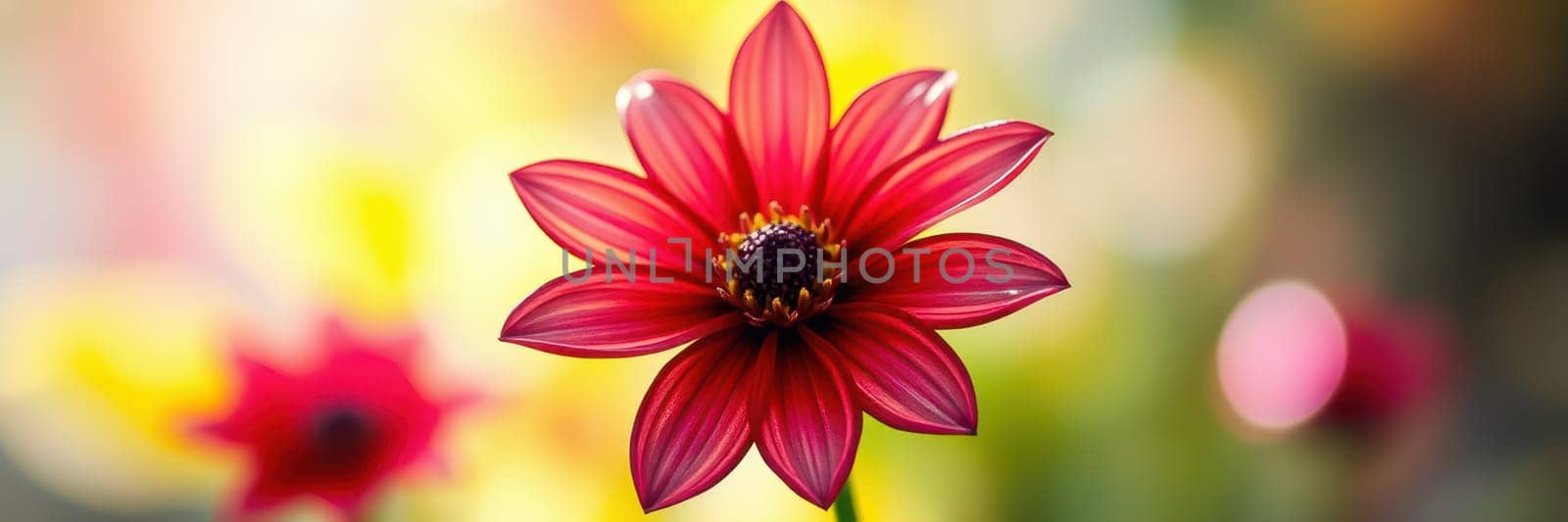 A striking red flower stands out in a lush garden, surrounded by softly blurred colorful blooms. This botanical scene captures the charm of springtime beauty and tranquility.