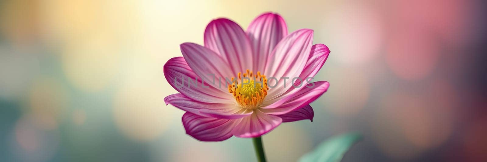A delicate pink flower showcases its vibrant petals and golden center in a softly blurred background, illuminated by warm sunlight on a clear day, creating a serene atmosphere.