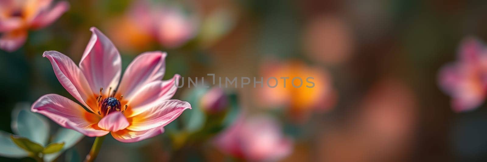 A delicate pink flower opens its petals in a lively garden, surrounded by greenery and blurred blossoms, under bright sunlight, creating a serene atmosphere.