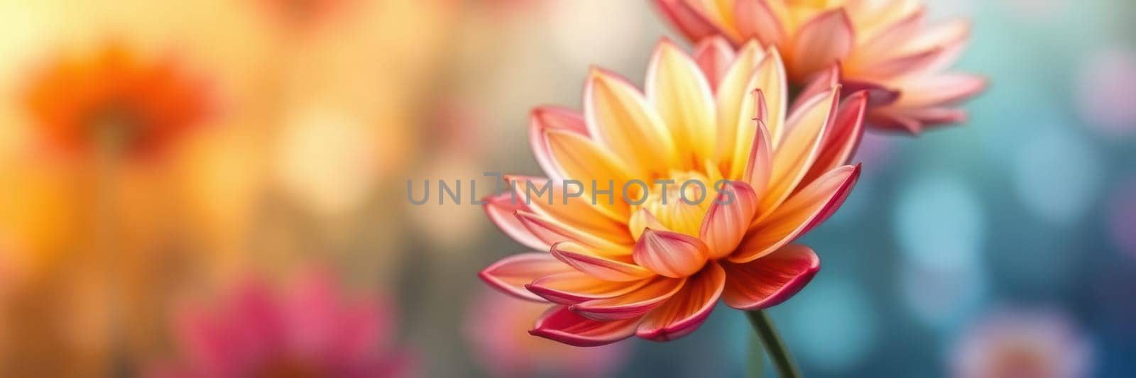 Bright water lilies are blooming gracefully in a serene garden setting during sunrise. The warm colors create an enchanting atmosphere filled with peacefulness.