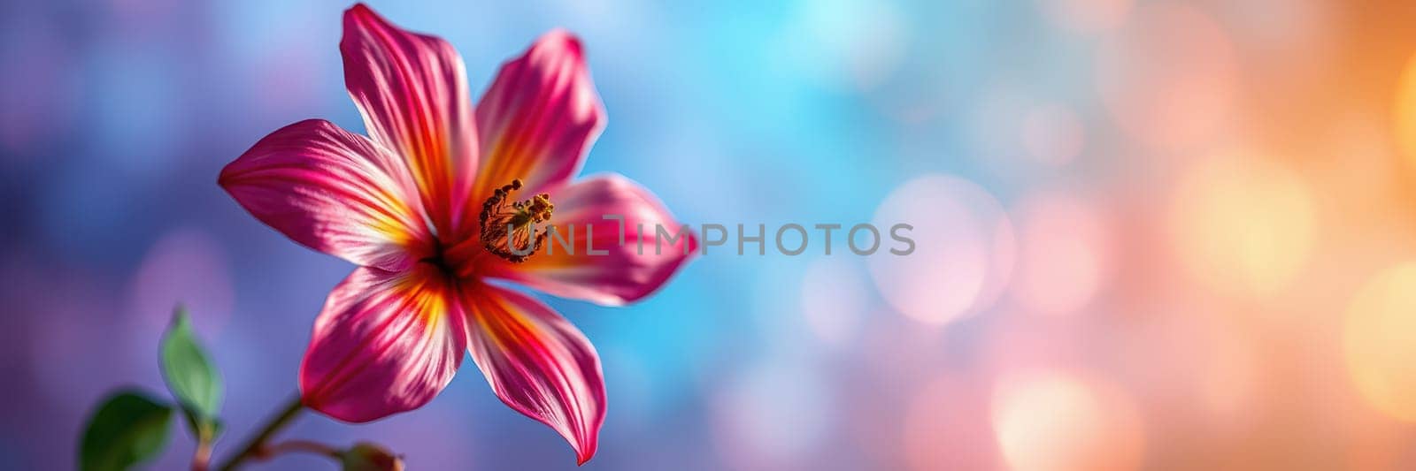 A vibrant pink flower with intricate petals stands in sharp focus against a softly blurred background showcasing various bright hues. The colors create a dreamy atmosphere.
