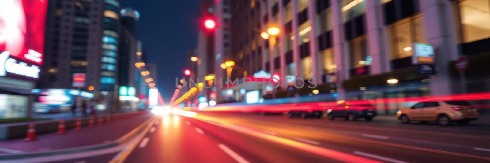 Traffic flows through a bustling urban environment at night, with bright lights creating a dynamic atmosphere and showcasing the liveliness of modern city life.