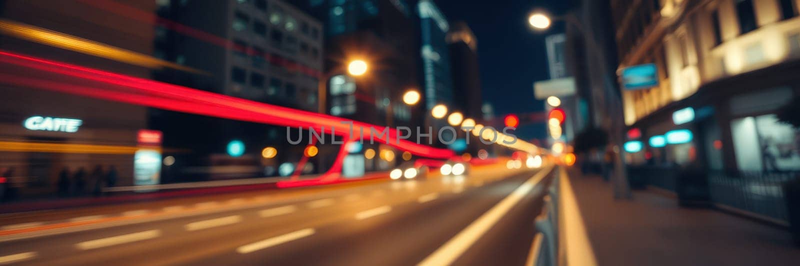 Bright lights from buildings and vehicles create an energetic atmosphere on a busy street at night. The scene showcases the lively city life with blurred movement indicating speed.