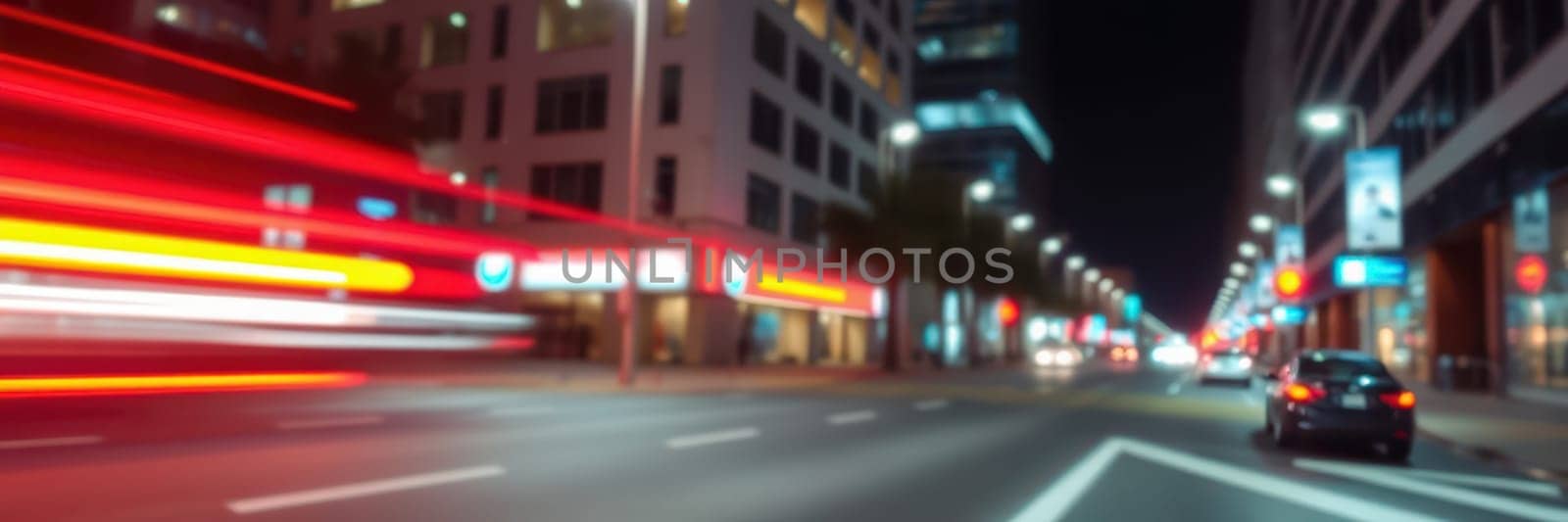 A bustling urban street is illuminated at night, with bright lights from shops and vehicles creating dynamic streaks as traffic flows. People can be seen leisurely walking along the sidewalks.