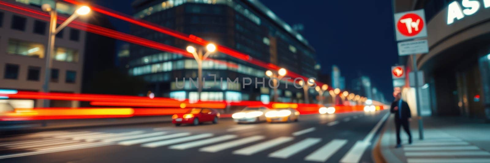 A bustling urban street features cars moving quickly, creating light trails. Brightly lit buildings line the road, and a lone figure waits at a crosswalk.