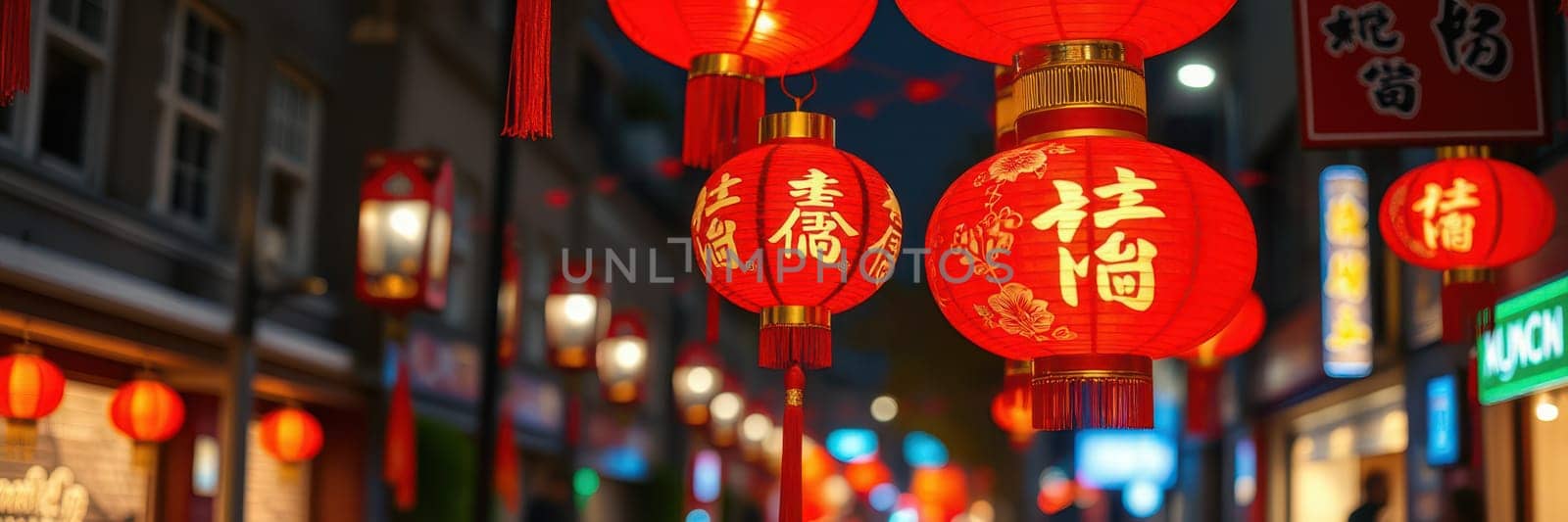 Red lanterns hang above a lively street, creating a cheerful atmosphere during a nighttime festival. Bright lights and decorations enhance the festive spirit of the celebration.