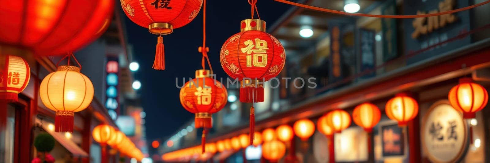 A vibrant street filled with red lanterns glowing against the night sky creates a festive atmosphere. Visitors enjoy the lively market, surrounded by shops and decorations.