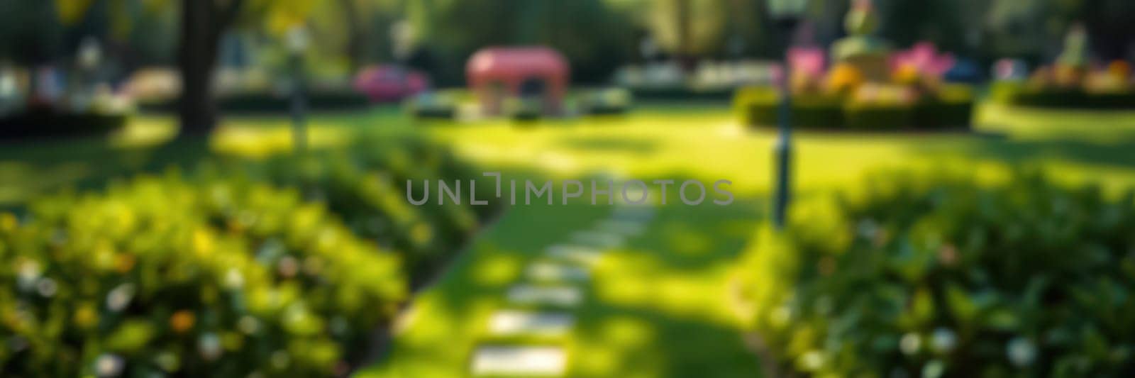 A tranquil garden features a winding pathway made of stones, surrounded by lush green grass and colorful blooming flowers, with a gazebo visible in the distance under bright sunlight.