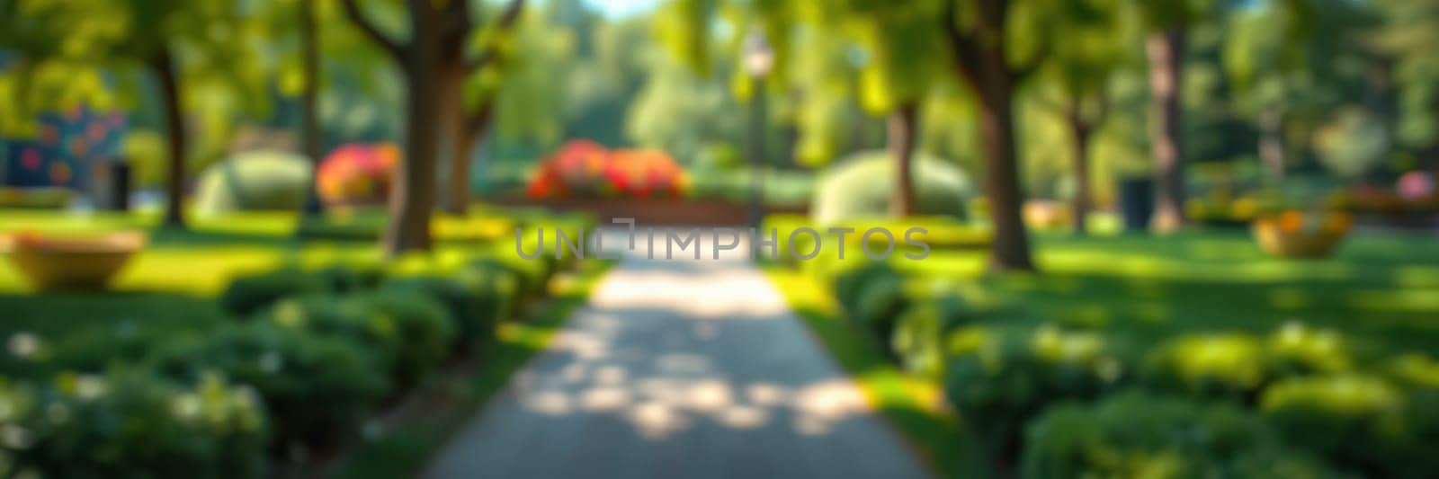 A serene pathway winds through a vibrant park filled with blooming flowers and lush greenery. The sun shines brightly, creating a peaceful atmosphere perfect for a leisurely stroll.