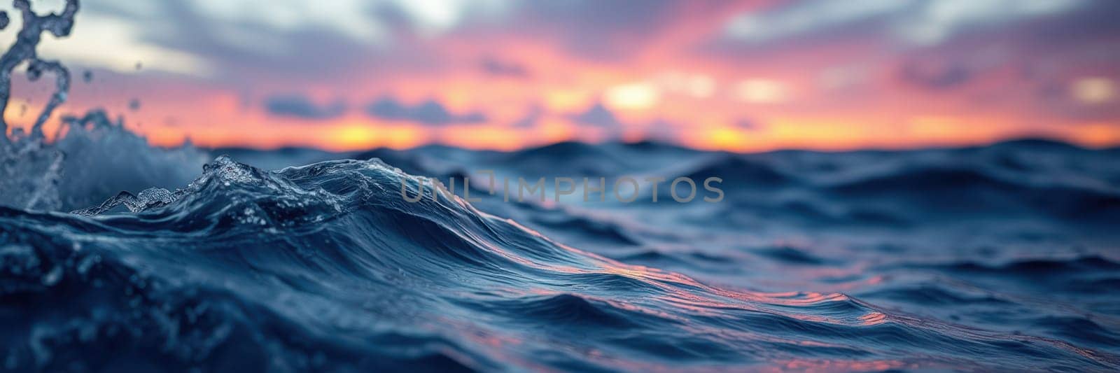 Turbulent waves roll beneath a colorful sky as the sun sets on the horizon, creating a serene atmosphere filled with warm and cool tones reflecting in the ocean.