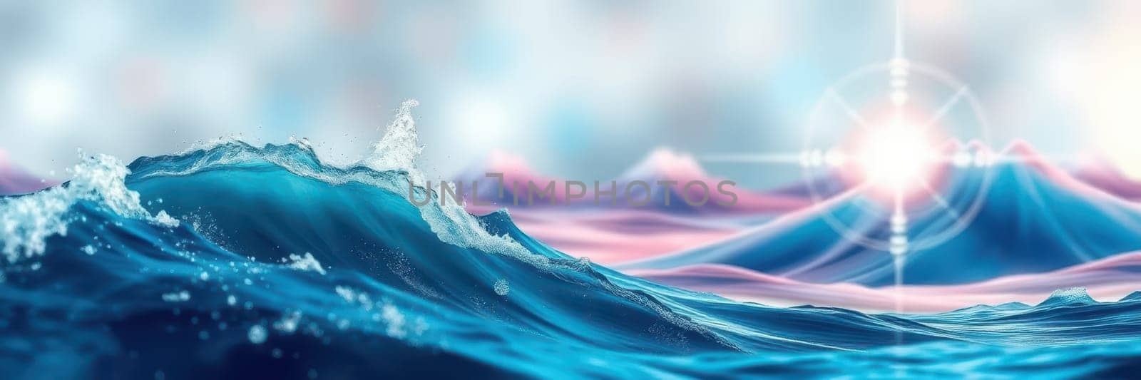 Colorful waves roll gently towards the shore as the sun rises, creating a tranquil atmosphere. The scene captures a vibrant interplay of light and water.