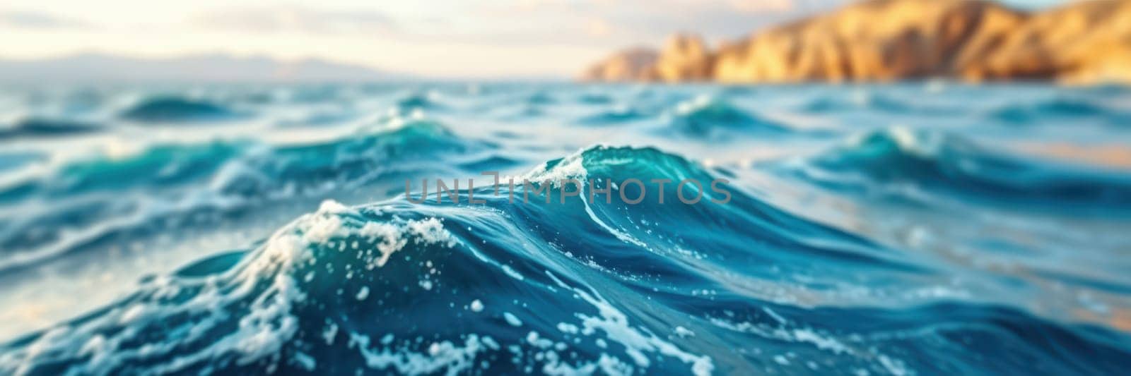 Calm waves lap against a sandy shore as the sun sets, casting warm golden hues over the water and illuminating the nearby rocky cliffs in a tranquil coastal setting.