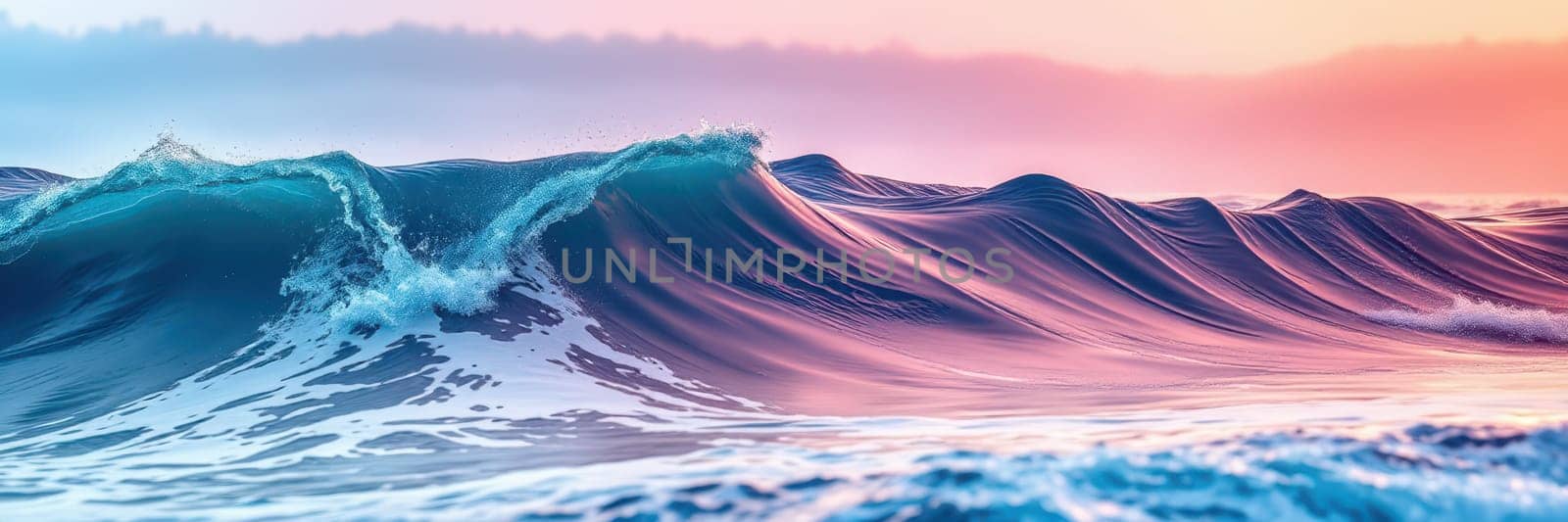Waves rise and fall gracefully along the shoreline as the vibrant colors of sunset reflect on the water, creating a tranquil and picturesque coastal view.