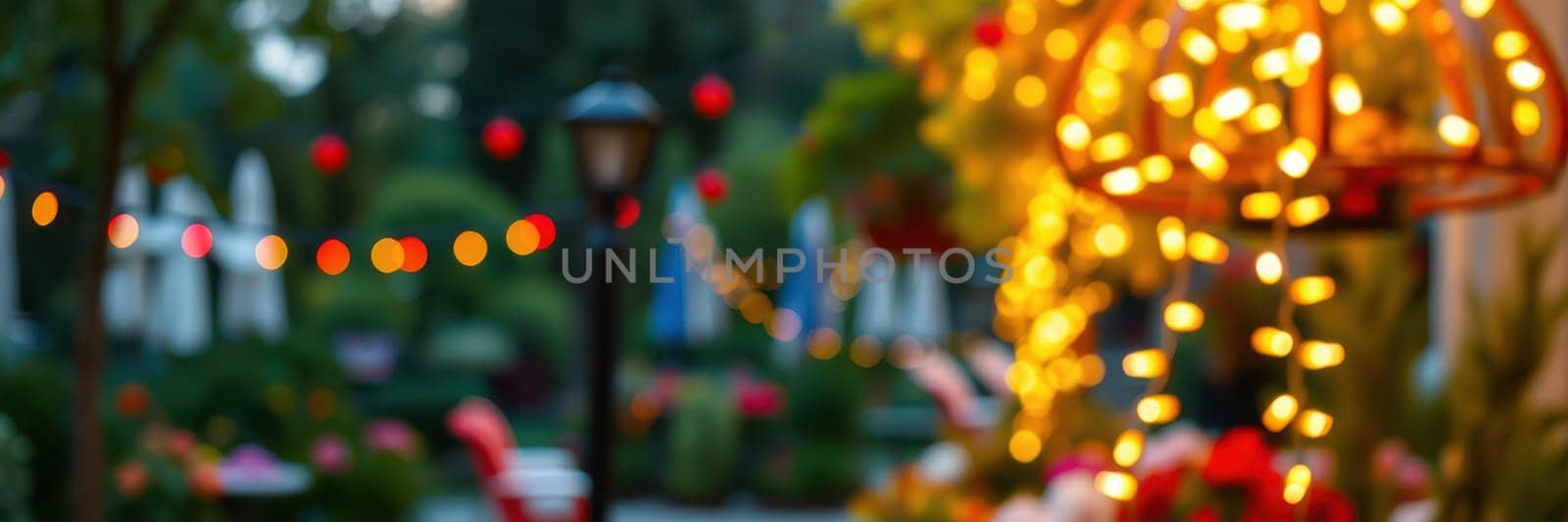 Soft, warm lights create a magical atmosphere in a garden filled with flowers and comfortable seating, inviting guests to relax and socialize on a serene evening.
