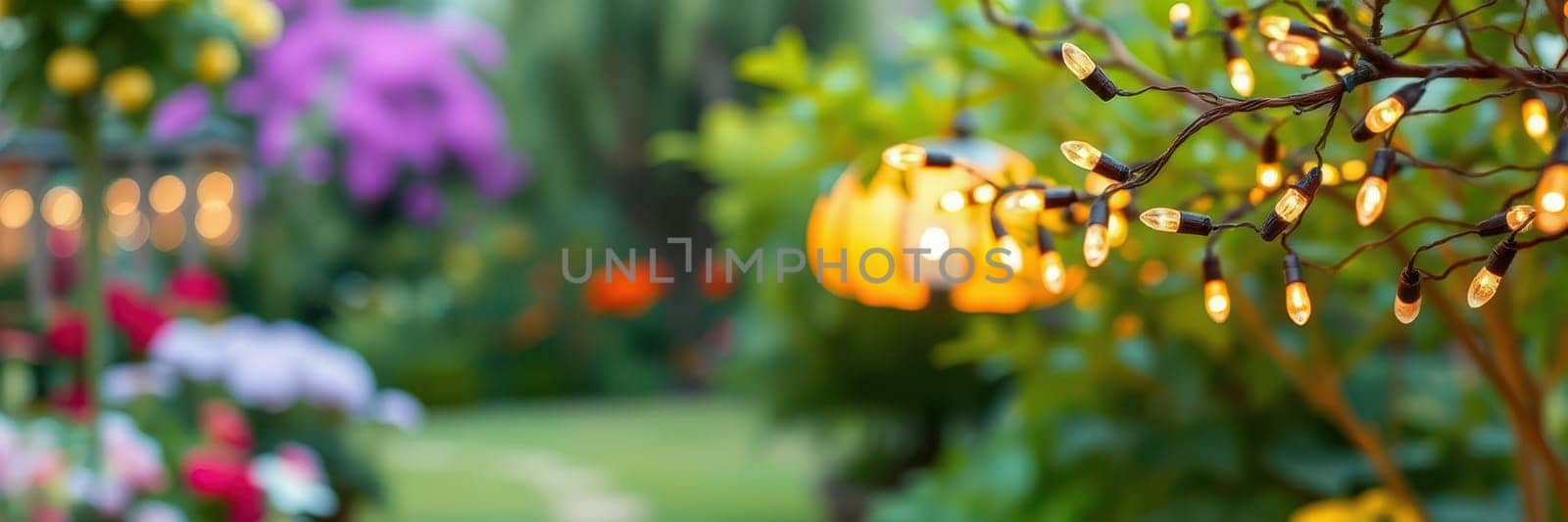 Colorful flowers bloom in a well-kept garden, twinkling fairy lights glow softly, creating a warm ambiance on a summer evening, inviting relaxation and joy.