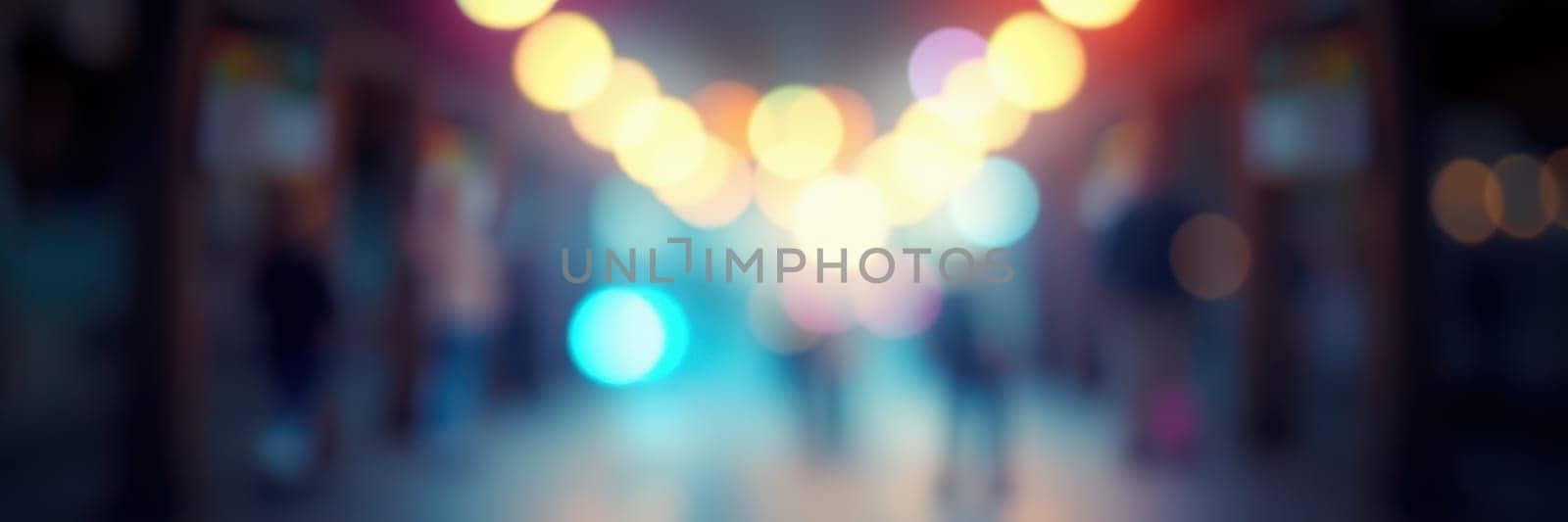 Colorful lights illuminate a lively marketplace, where blurred figures stroll and shop in the soft evening glow, creating an enchanting and vibrant ambiance.