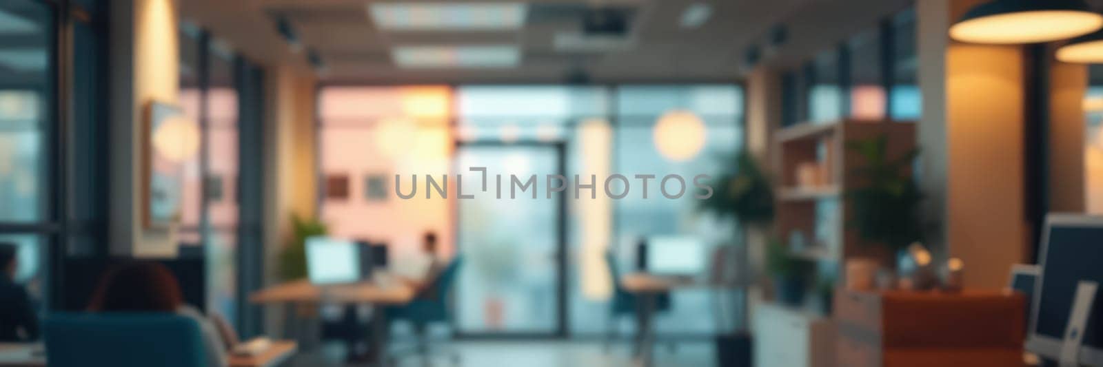 An inviting office space showcases sleek desks and glowing lights, revealing a productive atmosphere as evening settles in. Employees engage in work while natural light dims.