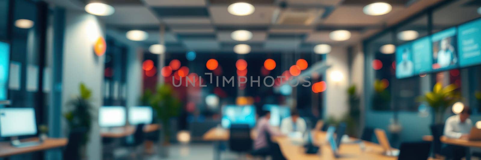 A vibrant office setting features numerous workstations with glowing screens, plants, and soft lighting creating a dynamic atmosphere for collaboration after hours.