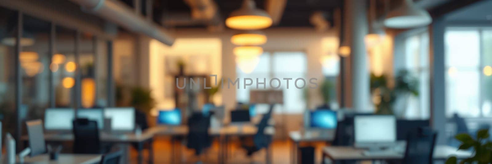 Bright and spacious office environment features numerous desks and computers, highlighted by warm lighting. The calm atmosphere suggests a productive morning at work.