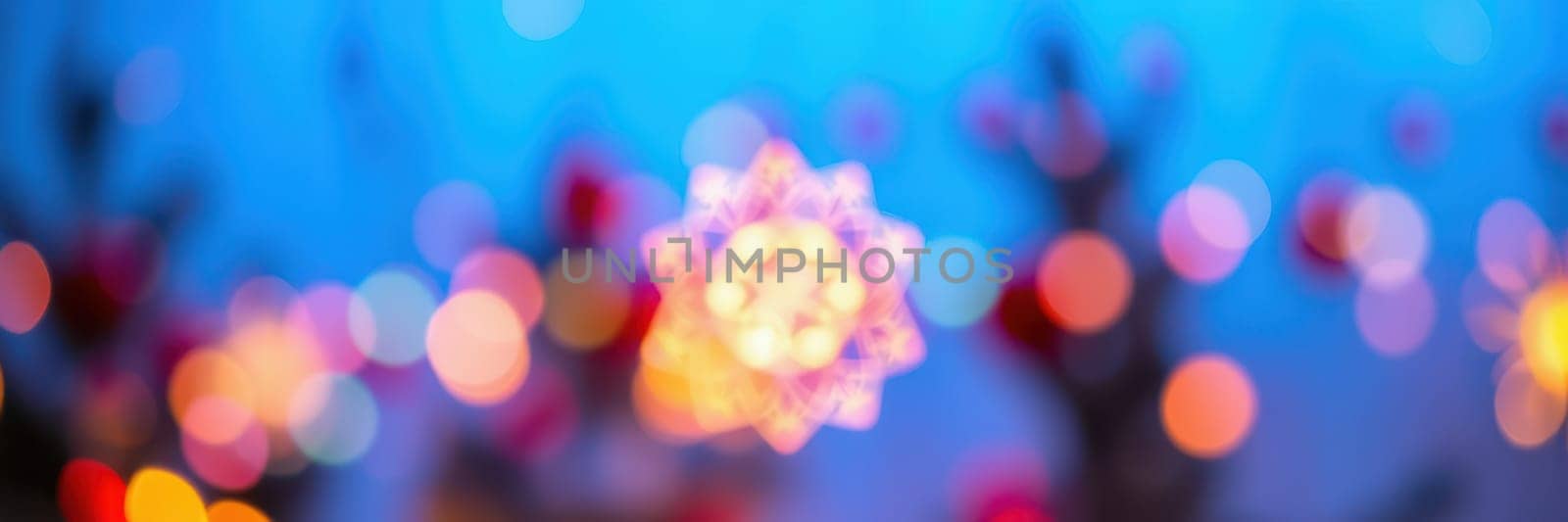 Vibrant and colorful lights illuminate the area, creating a joyful ambiance as people gather to celebrate during the evening hours. The festive decorations enhance the spirit of the occasion.