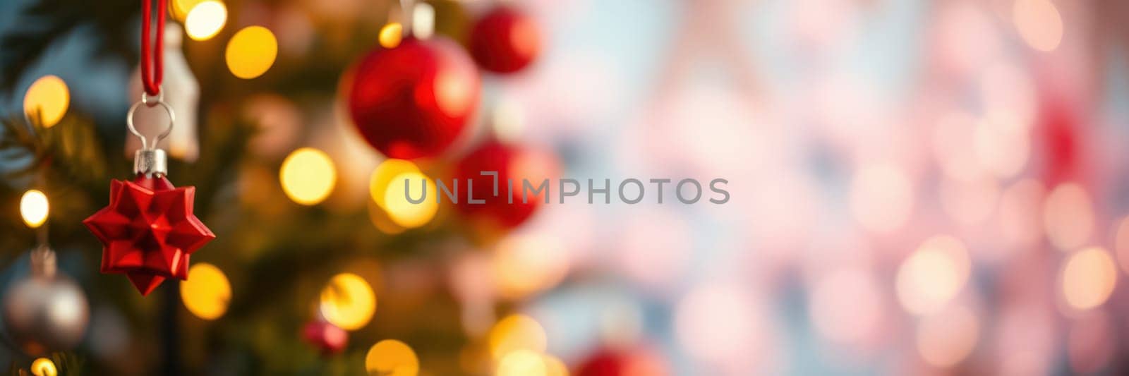 Bright red ornaments adorn a Christmas tree, reflecting warm lights and creating a joyful ambiance. The softly blurred background enhances the festive spirit, perfect for holiday celebrations.