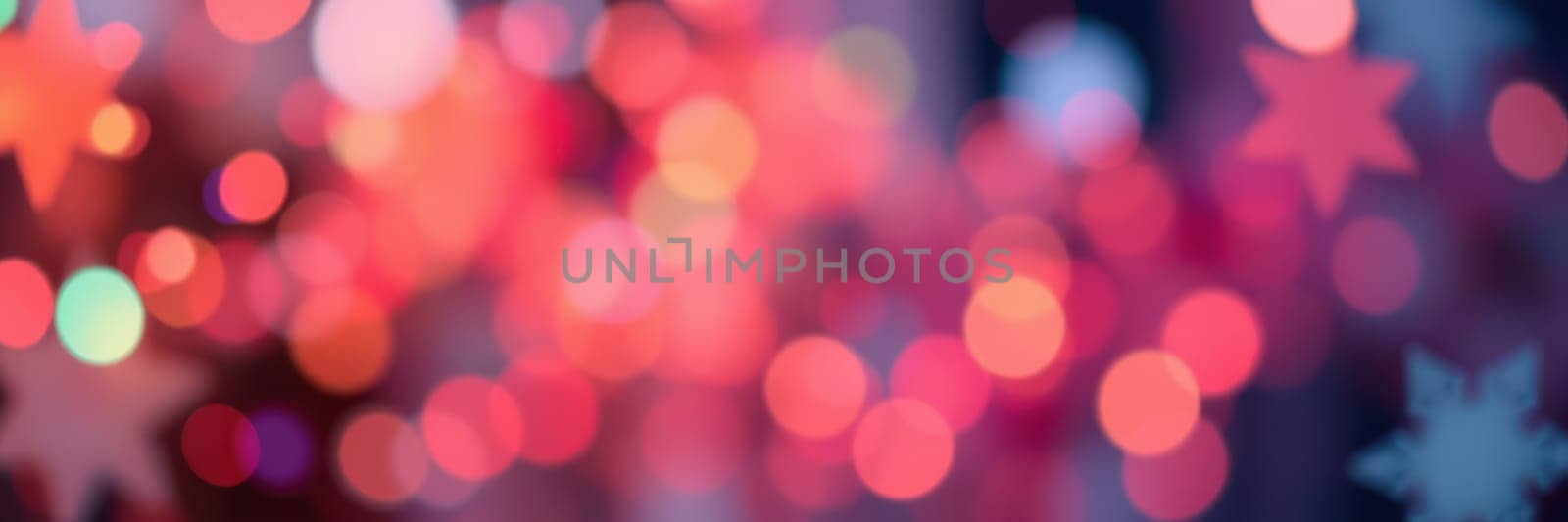Colorful bokeh lights in red, pink, and blue illuminate an event, creating a joyful and vibrant ambiance filled with festive spirit during the evening hours.