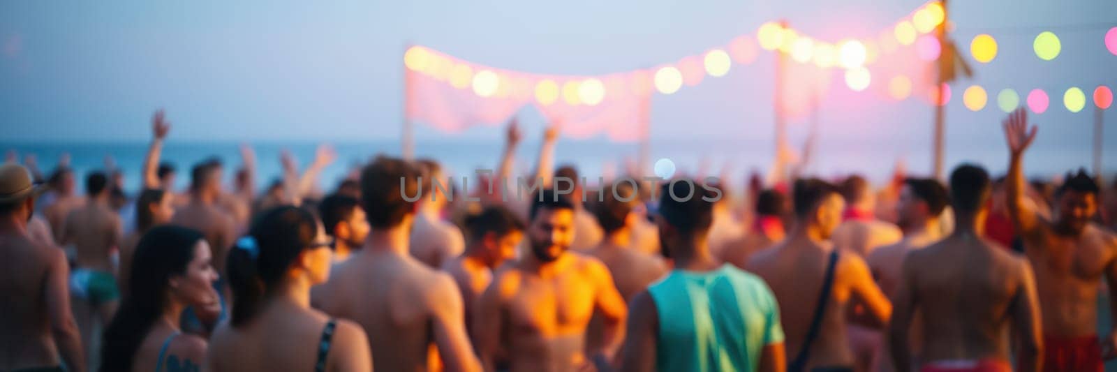 Crowds gather at a vibrant beach celebration as the sun sets, with colorful lights illuminating the area and people enjoying the lively atmosphere.
