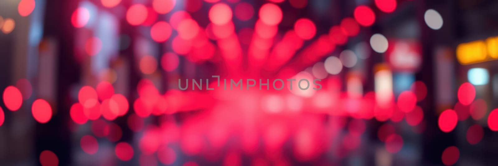 Bright red lights create an energetic atmosphere on a lively city street filled with people enjoying a vibrant night out during a local festivity.