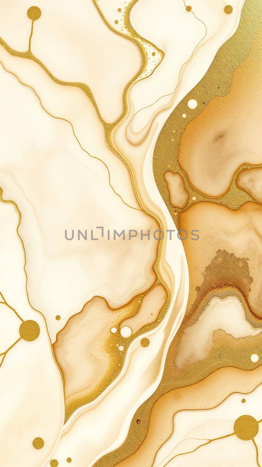 This artwork showcases a blend of soft cream and white swirls accented by shimmering gold elements. The fluid lines create a serene and elegant composition, perfect for modern decor.