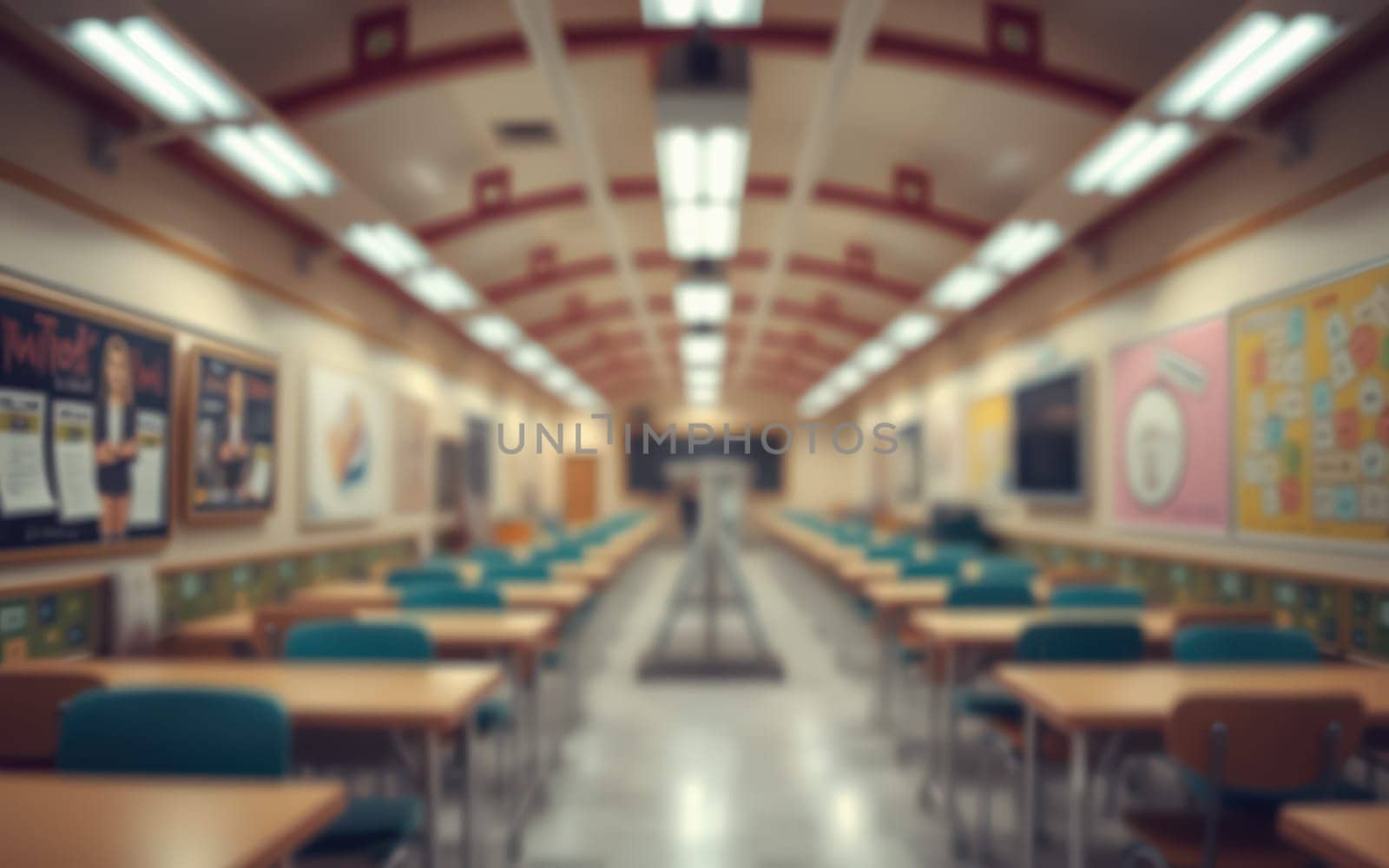 An empty classroom features rows of wooden desks and bright fluorescent lights above. Walls showcase educational materials and colorful decorations, creating an inviting atmosphere for learning.
