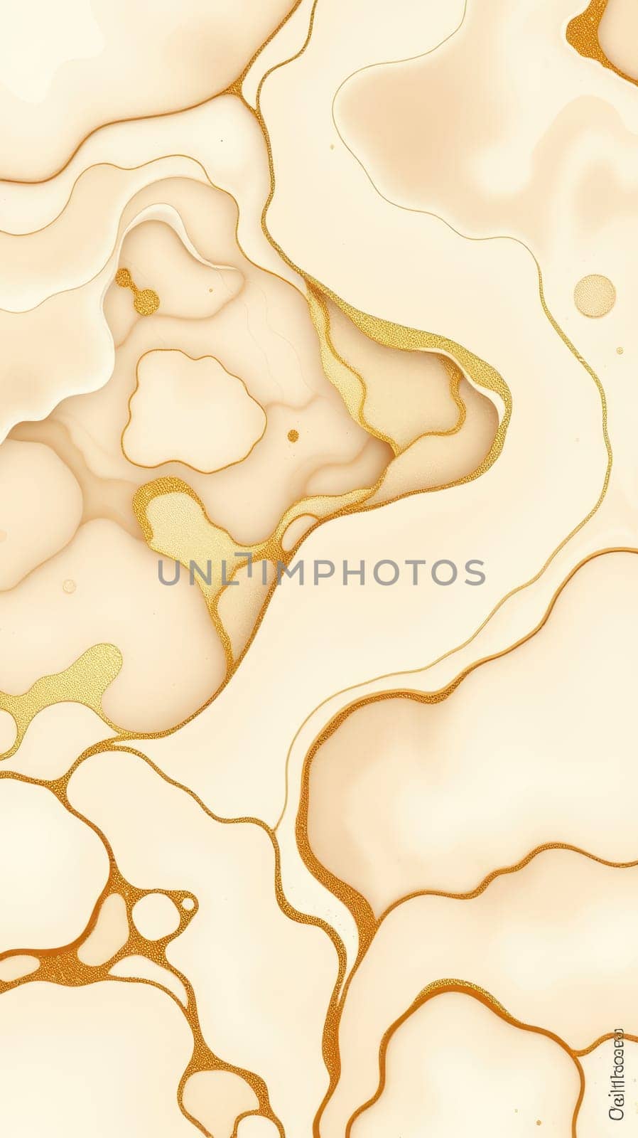 Delicate fluid art showcases intricate golden lines and forms against a soft cream backdrop, creating a sense of movement and elegance throughout the composition.