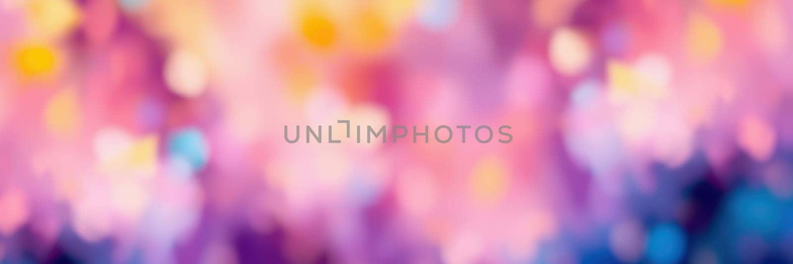 Soft, blurred lights in vibrant pink, purple, and yellow create a dreamy abstract background. The colors blend harmoniously, suggesting a festive and joyful vibe in a lively atmosphere.