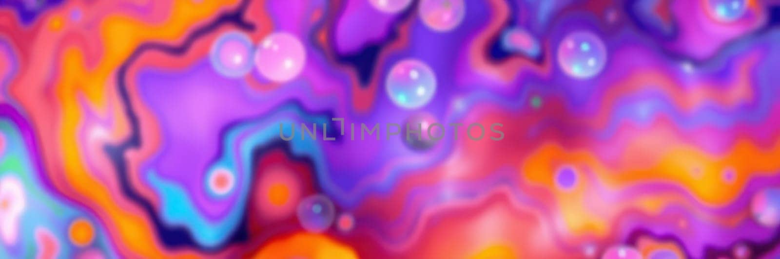 An abstract design showcasing swirling patterns in vibrant colors of purple, orange, and pink, accented with floating bubbles, creating a dynamic visual experience.