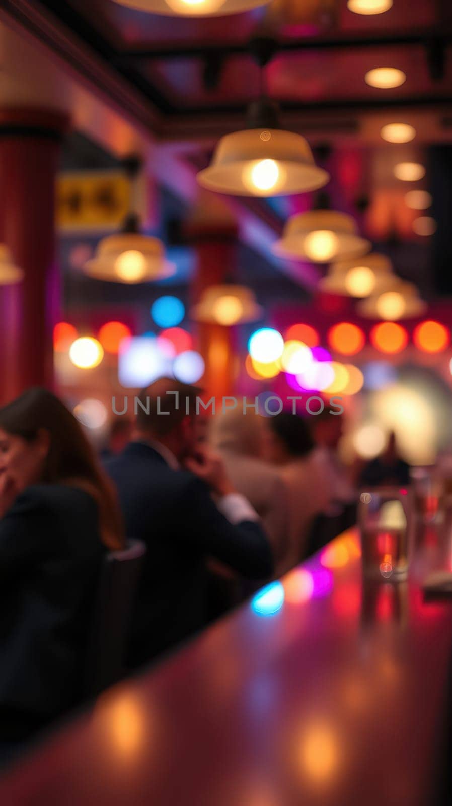 Patrons engage in conversation at a vibrant bar filled with colorful lights and a warm ambiance, creating a lively atmosphere during the evening.