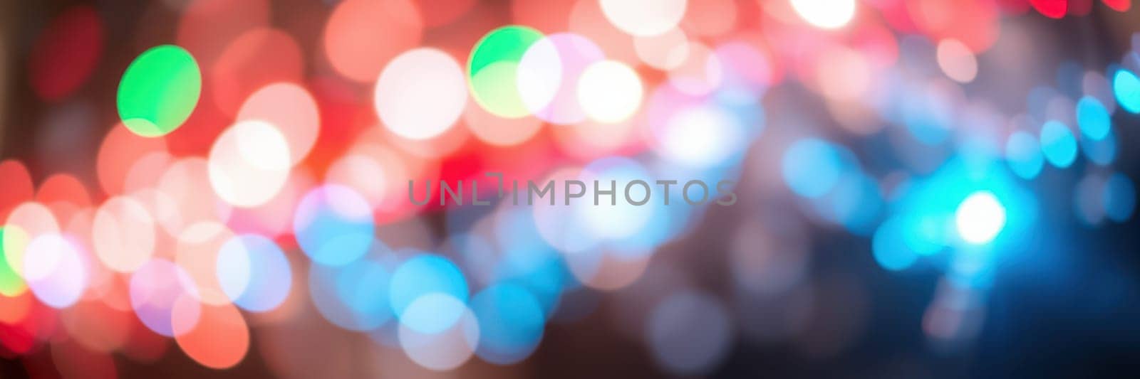 Bright multicolored lights shimmer and blur, creating a vibrant atmosphere at a public gathering during the evening. The lights enhance the celebratory mood.