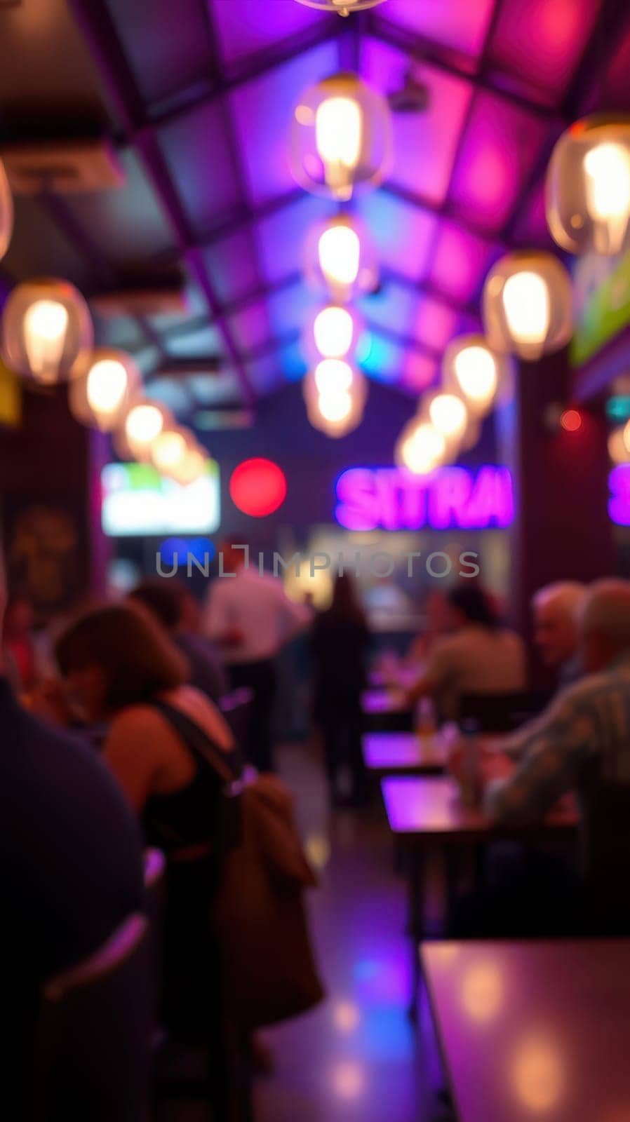 A lively restaurant filled with diners enjoying their meals under colorful lights. The ambiance is energetic, with vibrant neon signs glowing in the background.