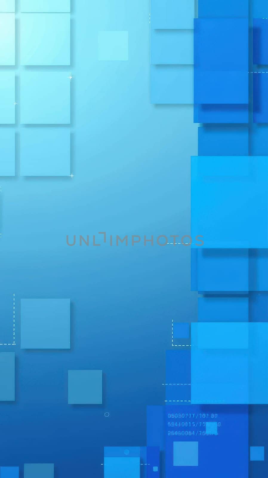 Various blue squares and rectangles overlap against a gradient backdrop, forming an abstract geometric composition that suggests depth and modernity.
